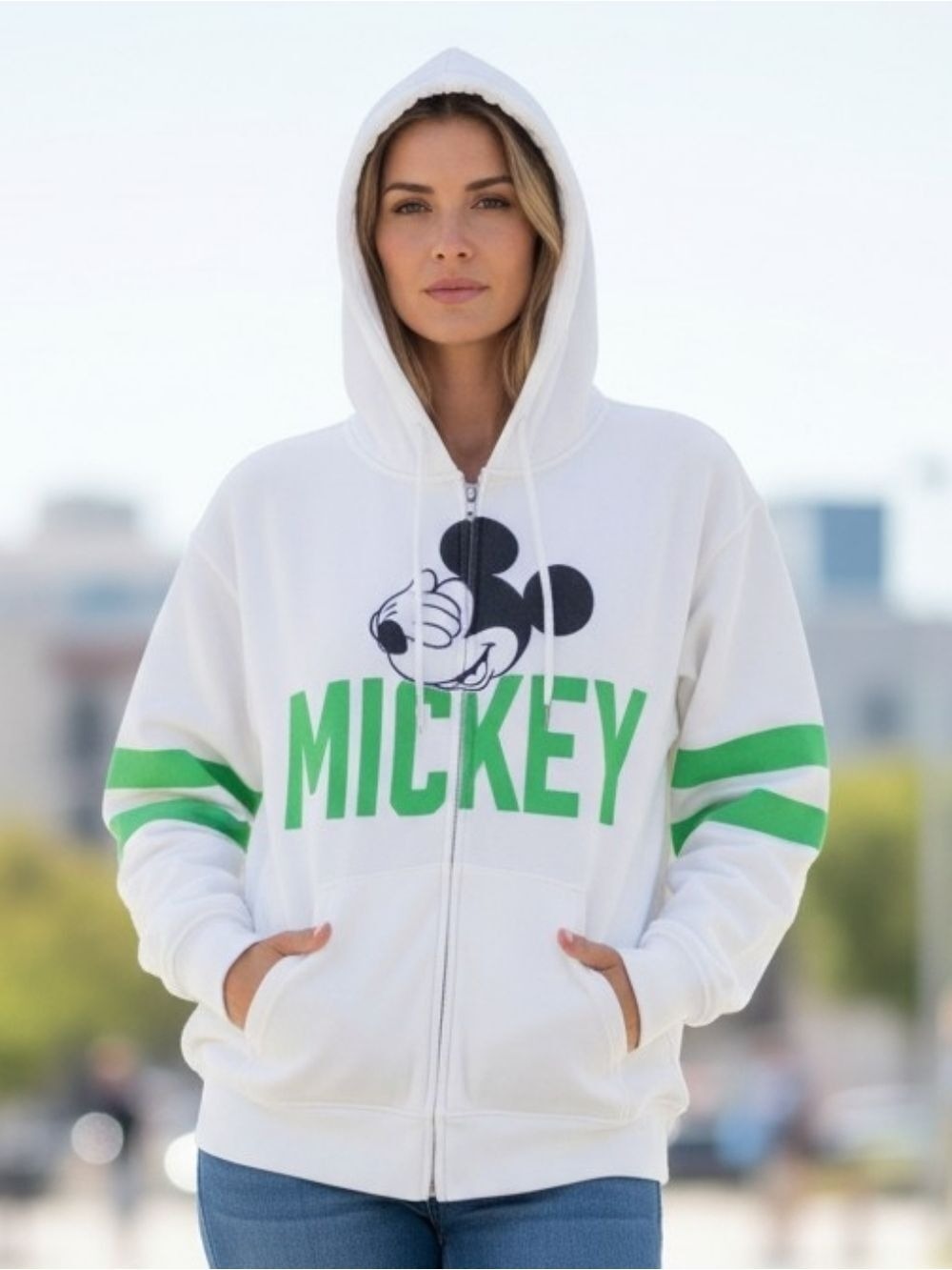 XL •H&M × Disney•Mickey Mouse Graphic Full Zip Hoodie Ivory with Green Accents🧡